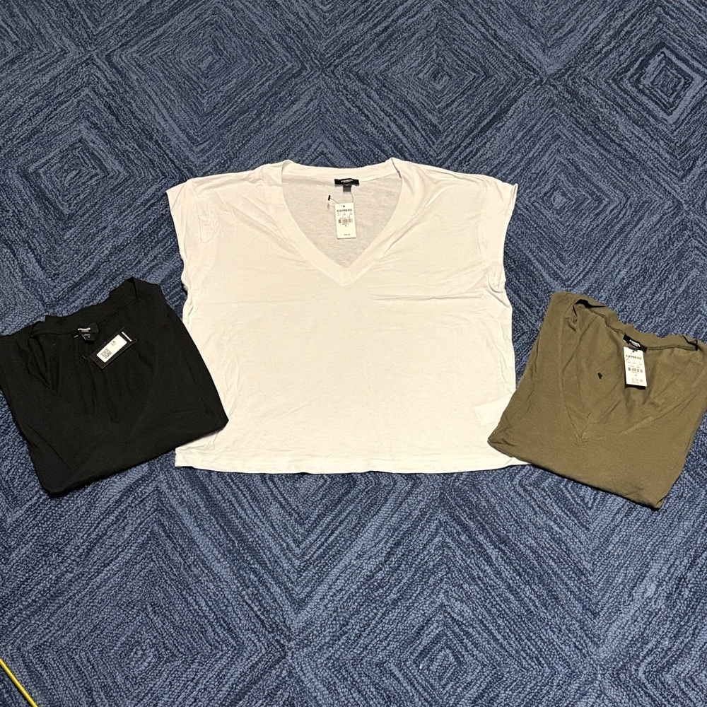 Express Women's V-Neck Tops with Cap sleeves- White, Black, and Deep Olive